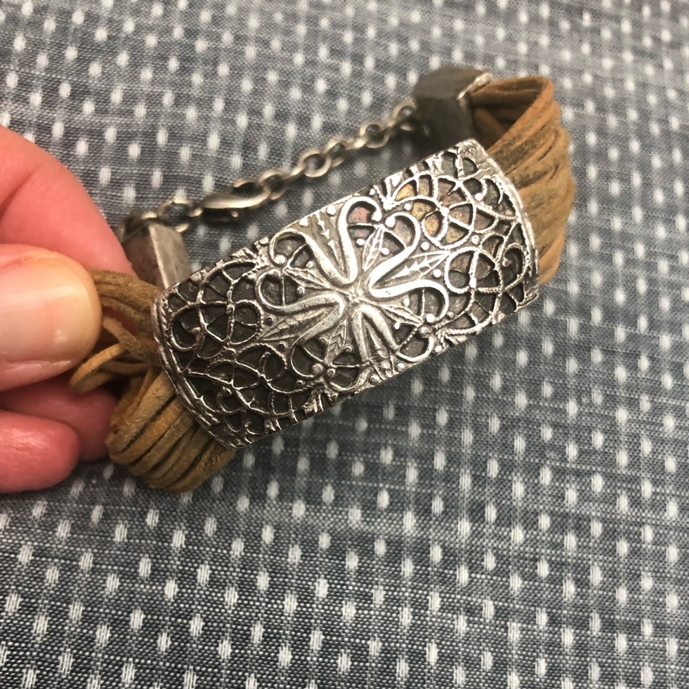 Embossed metal & leather bracelet
